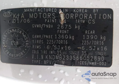 2006 Kia Sedona Ex/Lx из США, поврежденный, VIN KNDMB233566052890